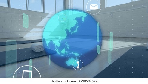 Hovering translucent blue 3D globe showing Asia Pacific over yoga studio, with mat and AR icons. Augmented reality, sphere, global, daylight, wooden, minimalist, fitness