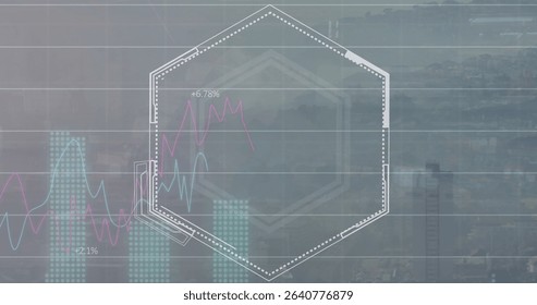 Hovering white dotted hexagon frame over cityscape, with pink blue line graphs, teal dotted bars. Futuristic, analytics, digital, technology, urban, data, network