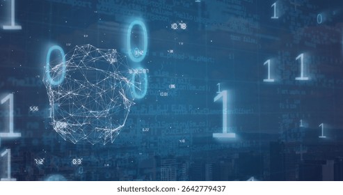 Hovering wireframe sphere over data landscape, with binary digits, code and city skyline silhouette. Futuristic, innovation, technology, digital, cyberspace, abstract, network