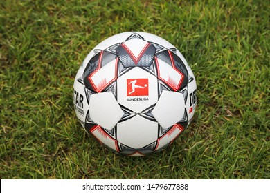 HOVSTA, SWEDEN - AUGUST 15, 2019: The Official Bundesliga Match Ball On Grass