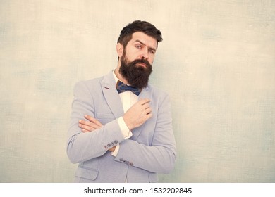 How To Beat Nerves On Wedding Day. Man Bearded Hipster Formal Suit With Bow Tie. Wedding Fashion. Formal Style Perfect Outfit. Impeccable Groom. Tips For Dealing Pre Wedding Anxiety. Tips For Grooms.