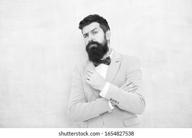 How To Beat Nerves On Wedding Day. Man Bearded Hipster Formal Suit With Bow Tie. Wedding Fashion. Formal Style Perfect Outfit. Impeccable Groom. Tips For Dealing Pre Wedding Anxiety. Tips For Grooms.