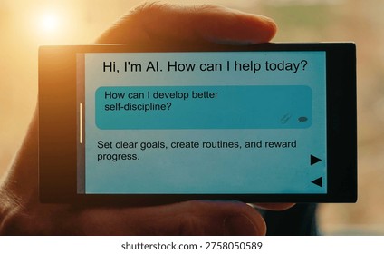 How can I develop better self-discipline? Questions for artificial intelligence On the smartphone screen. Set clear goals, create routines, and reward progress.