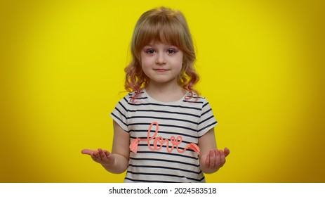 How Could You. Frustrated Child Kid Girl Raising Hands In Indignant Expression, Demonstrating Disbelief Irritation By Troubles. Yellow Background. Young Children Asking Why, What Reason Of Failure