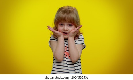 How Could You. Frustrated Child Kid Girl Raising Hands In Indignant Expression, Demonstrating Disbelief Irritation By Troubles. Yellow Background. Young Children Asking Why, What Reason Of Failure