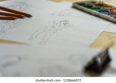 How To Draw Class Of Figure Drawing Pencil And Marker Sketches. The Artist Worskspace With Male And Female Drawings And Pencils On The White Paper, Art, Craft, Creativity, Inspiration, Concepts