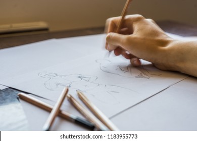 How To Draw School Class Of Figure Drawing Pencil Sketches. The Artist Worskspace With Pencils On The White Paper, Art, Craft, Creativity, Inspiration, Concepts,