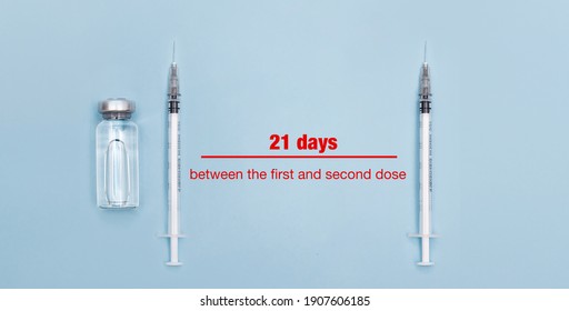 How Long Between Covid-19 Vaccine Doses. First Dose And After 21 Days Second Dose.  Vaccine Syringe And A Vial For Covid-19 Immunization Race For Healthcare