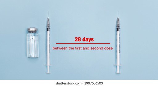 How Long Between Covid-19 Vaccine Doses. First Dose And After 28 Days Second Dose.  Vaccine Syringe And A Vial For Covid-19 Immunization Race For Healthcare