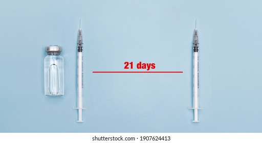 How Long Between Covid-19 Vaccine Doses. First Dose And After 21 Days Second Dose.  Vaccine Syringe And A Vial For Covid-19 Immunization Race For Healthcare