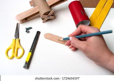 How To Make Airplane. Hand Made Toy,zero Waste From Toilet Paper Roll And Popsicle Sticks. For Kids And Parents.Step 18 Measure Propeller Aircraft. DIY For Child, Ideas To Make During Home Quarantine.