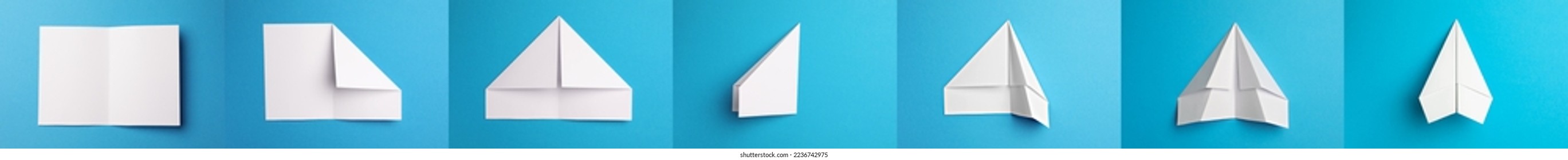 How to make paper plane: step by step instruction. Collage with photos of folded white paper sheets on light blue background, top view. Banner design