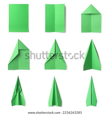 How to make paper plane: step by step instruction. Collage with photos of folded green paper sheets on white background, top view