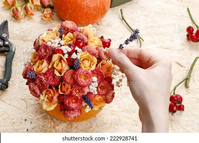 How To Make A Thanksgiving Centerpiece - Step By Step: Arrange Flowers Into The Pumpkin