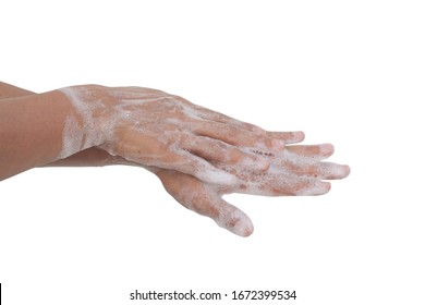 how to wash hands step 2 right palm over left dorsum with interlaced and vice versa isolate on white background. clipping path inside