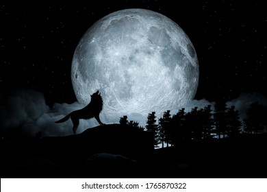 Howling Wolf Dark Background. Full Moon and the Wilderness. 3d illustration