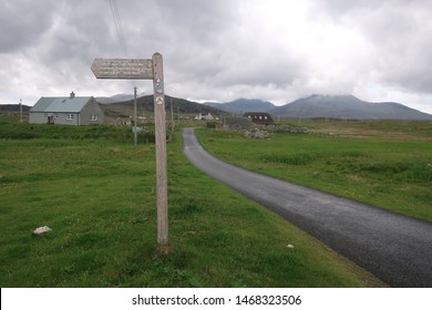 Howmore, Outer Hebrides. Scotland. June. 7. 2019. Hostel Backpackers Direction Sign Post