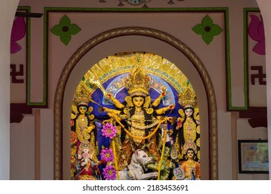 Howrah, India -October 26th, 2020 : Goddess Durga Being Worshipped Inside Old Age Decorated Home. Durga Puja, Biggest Festival Of Hinduism, UNESCO Intangible Cultural Heritage Of Humanity.