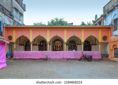 Howrah, India -October 26th, 2020 : Goddess Durga Being Worshipped Inside Old Age Decorated Home. Durga Puja Pandal, Biggest Festival Of Hinduism, UNESCO Intangible Cultural Heritage Of Humanity.