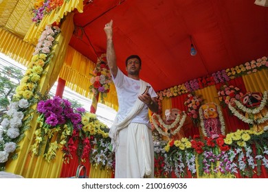 Howrah, West Bengal, India - 7th July 2019 : Hindu priest worshipping idol of God Jagannath, Balaram and Suvodra. Ratha jatra festival is famous Hindu festival in India.
