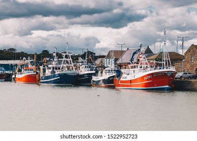 Howth, Co. Finglas, Dublin / Ireland - October 2019 : Fishing Vessels Docked At The Harbour Before Lorenzo Storm Approach 