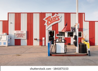 Hoxie, Kansas / USA - October 8 2020: Exterior Of Red's. A Bait Shop/gas Station/ice Cream Parlor/convenience Store In Western Kansas.