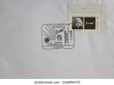 Hoyerswerda, GERMANY - April 01, 2006: Envelope with a Special Cover on a Postage Stamp with the portrait of the scientist Albert Einstein. Text: 100 years of relativity, atoms, quanta. E=mc2