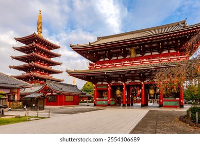 Hozomon gate and Pagoda of Senso-ji temple in Asakusa, Tokyo, Japan (translation on lantern "Kobune town" and on picture "Asakusa temple") - Powered by Shutterstock