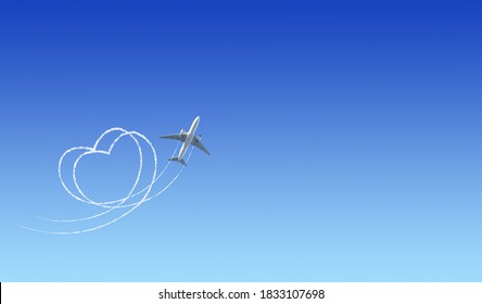 Hprozintal banner with aircraft draw a heart in the clear blue sky. Flight route of aircraft in shape of a heart. Love concept for traveling the world. Copy space for text