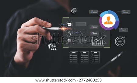 An HR analyst uses data analytics dashboards to monitor workforce performance, employee metrics, talent insights, recruitment data, and business intelligence tools to support data driven decisions
