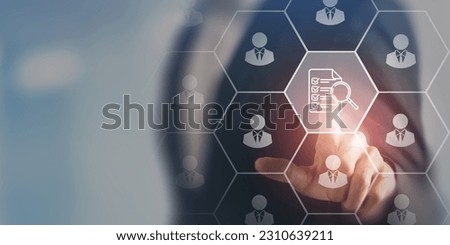 HR compliance, employee regulation and compliance, business ethics, employee performance evaluation concept. Businessman pointing at check mark with employee icons on smart background and copy space.