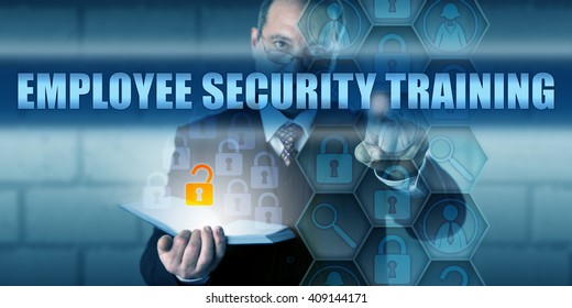 HR Director Is Pressing EMPLOYEE SECURITY TRAINING On A Virtual Touch Screen Interface. Business Challenge Metaphor And Information Technology Concept For Computer Security Education For Staff.