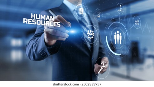 HR Human resources management Recruitment Headhunting. Businessman pressing button on screen. - Powered by Shutterstock