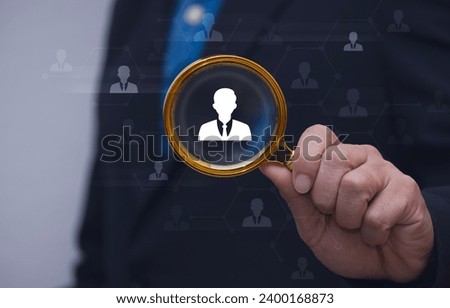 HR - Human resources recruitment, HRM, CRM, management, magnifier glass choose manager icon, staff, human, development, recruitment leadership, target group, choose employee concept