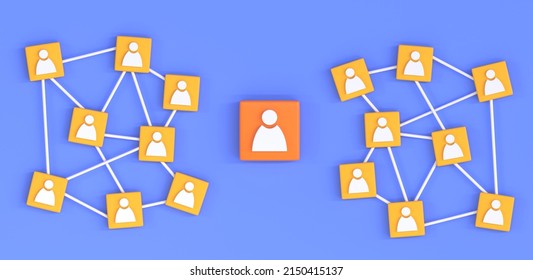 HR Management, Business Network And Communication, 3d Render. Yellow Square Blocks With People Icons Connected By White Lines, Manager Or Leader Of Company In Center. Teams Working On New Projects