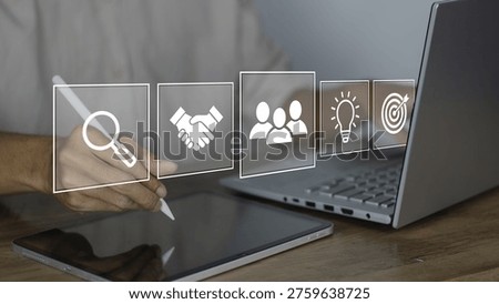 HR management concept is effectively visualized here through a professional using a stylus and laptop to navigate digital icons representing the core pillars of human resources. The image focuses on the administration of human resources within a modern organization, highlighting key processes such as digital recruitment, employee training, conflict resolution, and strategic planning. By integrating technology with people-centric icons—like the magnifying glass for talent acquisition, handshakes for partnerships, and targets for goal setting—the visual emphasizes the role of HR in fostering a productive organizational culture and streamlining workforce management in a high-tech corporate environment