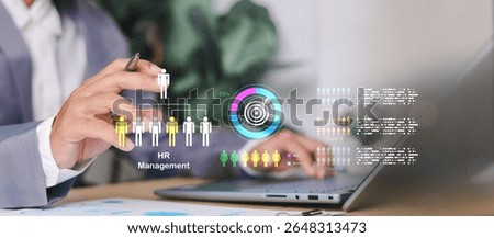 HR management interface, employee structure chart, and team analytics dashboard. Concept of workforce planning and data-driven HR.