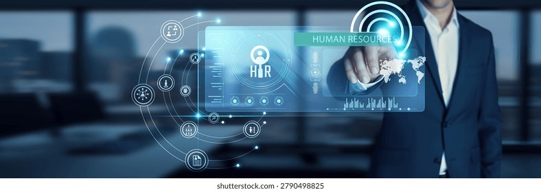HR manager touching start button on modern interface to business target Human Resources. Managing people. Recruitment, onboarding, performance, payroll, training, employee engagement.