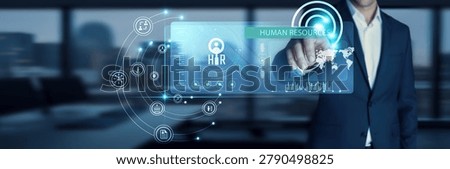 HR manager touching start button on modern interface to business target Human Resources. Managing people. Recruitment, onboarding, performance, payroll, training, employee engagement.