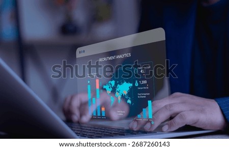 HR manager using recruitment analytics dashboard on a virtual screen to optimize talent acquisition. Concept of data-driven hiring, HR technology, and cost per hire analysis for business.