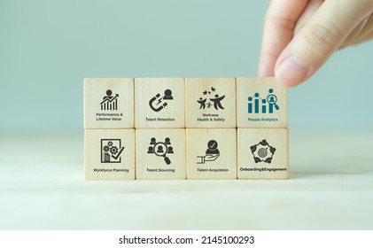 HR, People analytics concept. Transforming HR landscape to achieve sustainable business success. Deeply data driven and goal focused people processes, functions, challenges, and opportunities at work. - Shutterstock ID 2145100293
