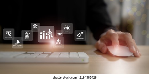 HR, People analytics concept. Transforming HR landscape to achieve sustainable business success. Deeply data driven and goal focused people processes, functions, challenges, and opportunities at work. - Shutterstock ID 2194385429