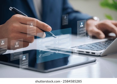HR selective recruitment process featuring a professional analyzing candidate profiles with advanced digital tools to ensure efficient hiring and career development.