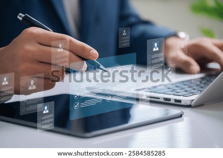 HR selective recruitment process featuring a professional analyzing candidate profiles with advanced digital tools to ensure efficient hiring and career development.