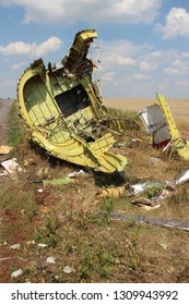 Hrabovo, Donetsk region / Ukraine - 07.23.2014   Crash site on July 17, 2014 of the Boeing-777 of Malaysia airlines, flight MH17 near Hrabovo village. Plane fragments in the field. 