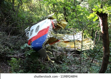 
Hrabovo, Donetsk region / Ukraine - 07.24.2014   Crash site on July 17, 2014 of the Boeing-777 of Malaysia airlines, flight MH17 near Hrabovo village. Plane fragments in the forest. 