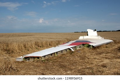 
Hrabovo, Donetsk region / Ukraine - 07.24.2014   Crash site on July 17, 2014 of the Boeing-777 of Malaysia airlines, flight MH17 near Hrabovo village. Fragments of the plane in the field. 