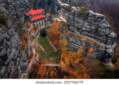 Hrensko, Czech Republic - Aerial panoramic view of the famous Falcon's Nest at Pravcicka Brana (Pravcicka Gate) in Bohemian Switzerland National Park, the biggest natural arch in Europe at autumn