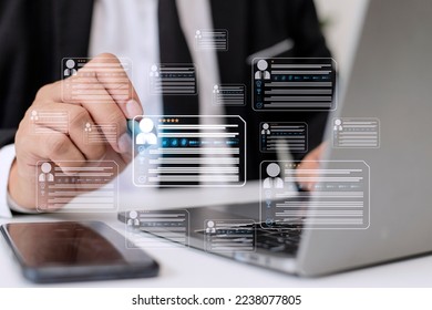HR(human resources) technology.Online and modern technologies for simplifying the human resources system.Human resource manager checks the CV online to choose the perfect employee for his business. - Shutterstock ID 2238077805