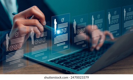 HR(human resources) technology.Online and modern technologies for simplifying the human resources system.Human resource manager checks the CV